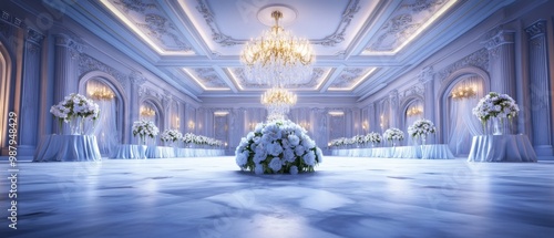 Elegant ballroom decorated with luxurious chandeliers and floral arrangements, perfect for weddings, banquets, and grand celebrations.