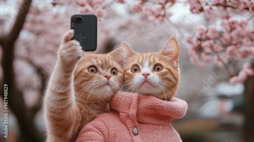 Two orange cats dressed in cozy jackets take a selfie under blossoming pink cherry trees on a sunny spring day