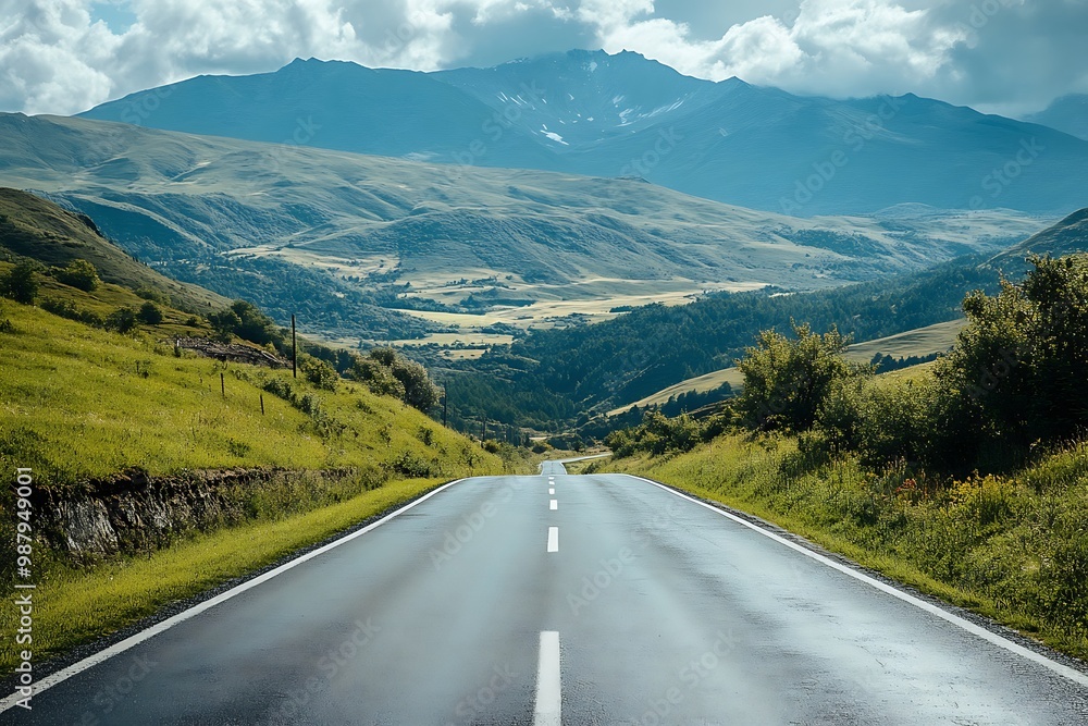 Naklejka premium Empty Road leading into Mountains with green valley landscape in the background.