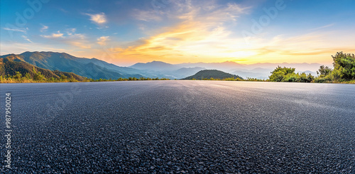 Panoramic Empty Asphalt Highway Road with Sky and Mountain Backgroundat at Sunrise , Asphalt Freeway, Road Perspective  photo