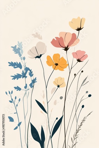 Wallpaper Mural A minimalist vector illustration of colorful wildflowers arranged in an abstract composition on the right side of the canvas the flowers have simple lines and shapes with soft pastel colors like pink Torontodigital.ca