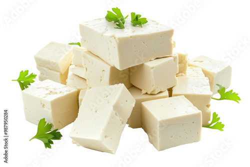 A pile of white cubes of tofu with green parsley on top