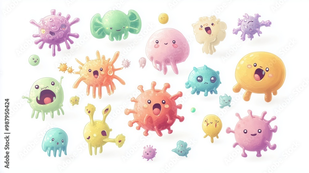 Fototapeta premium Colorful Cartoon Virus Characters - Cute and Playful Microbes for Educational and Creative Projects