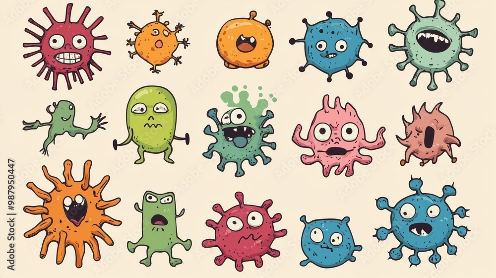 Colorful Cartoon Virus Characters with Funny Expressions and Unique Shapes for Educational and Creative Use Colorful Cartoon Virus Characters with Funny Expressions and Unique Shapes for Educational and Creative Use