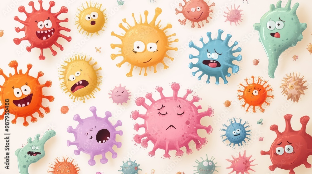Fototapeta premium Colorful Cartoon Virus Characters with Various Expressions on Light Background - Fun and Educational Illustration