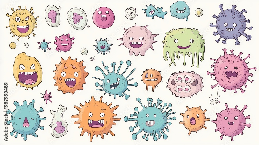 Colorful Cartoon Virus Characters Set - Cute and Funny Virus Illustrations for Educational and Creative Projects Colorful Cartoon Virus Characters Set - Cute and Funny Virus Illustrations for Educational and Creative Projects