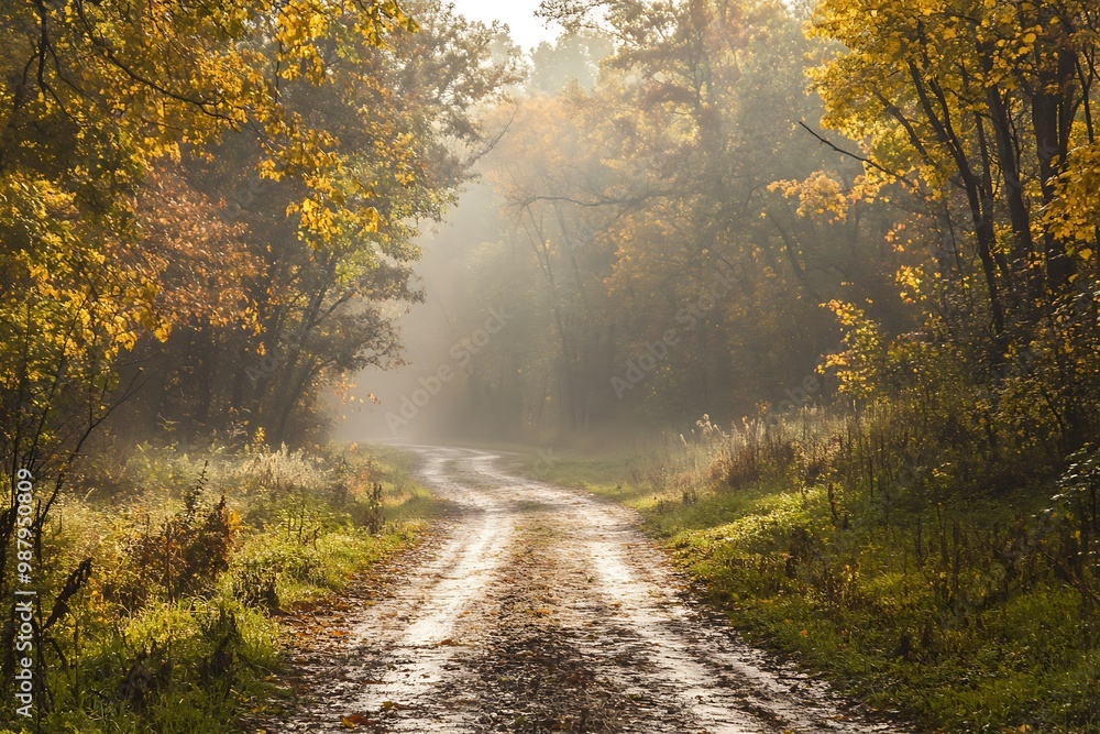 Naklejka premium Sunrays through trees on a winding dirt road in an autumn forest