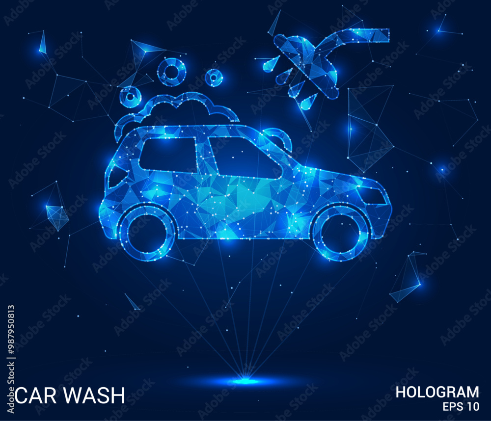 Fototapeta premium Hologram car wash. Car wash made of polygons, triangles, dots, and lines. Low-poly car wash structure of connections. Technology concept vector.