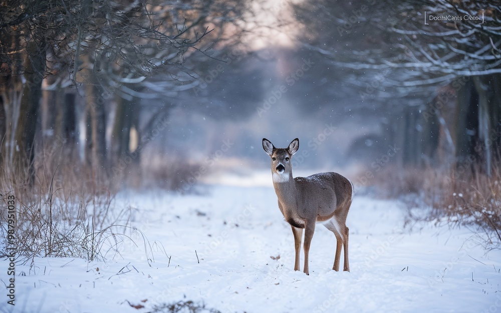 A lone deer stands in a snowy forest path, looking directly at the camera, with the sun shining through the trees in the background.