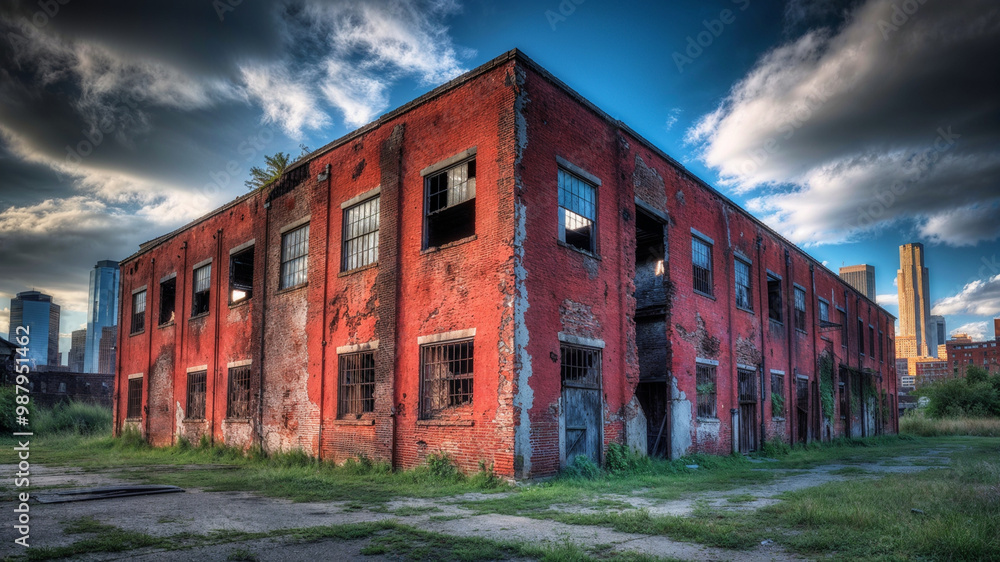 abandoned warehouse weathered red bricks and broken windows peeling paint to the twisted metal abandoned warehouse weathered red bricks and broken windows peeling paint to the twisted metal