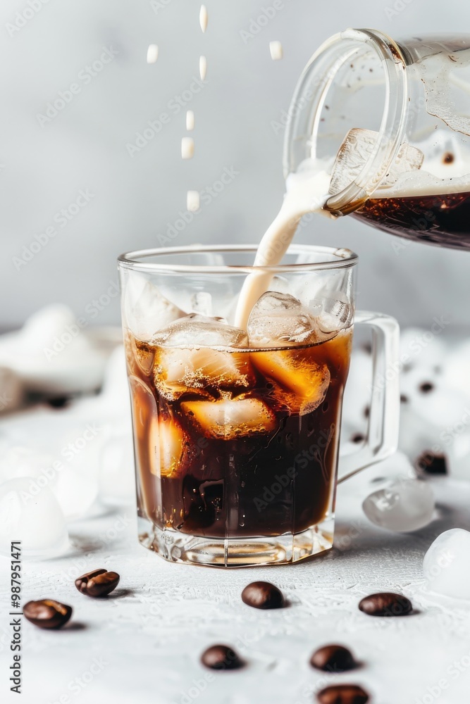Pouring creamy cold brew coffee over ice in a glass Pouring creamy cold brew coffee over ice in a glass