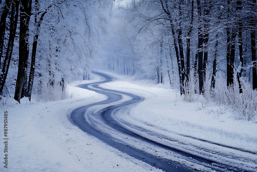 Snowy winding road through a winter forest, perfect for background or design Snowy winding road through a winter forest, perfect for background or design