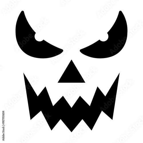 Spooky Halloween Jack O' Lantern face design with sharp eyes and a sinister grin, perfect for Halloween decorations, invitations, crafts. Isolated on white background. Festive and eerie vibes!