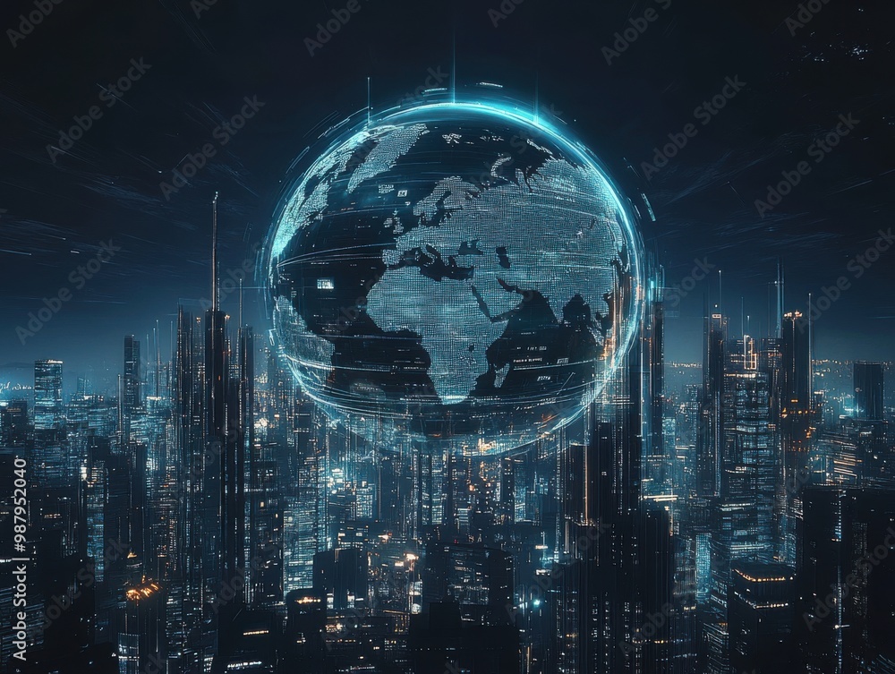 Fototapeta premium Creative Futuristic Global Interface Over Cityscape - Advanced Technology, Digital World, Urban Innovation.