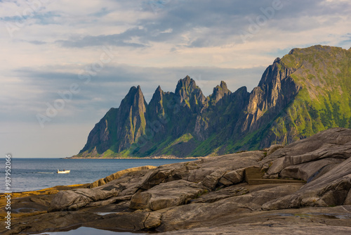 The Tungeneset (Devil's Teeth), mountains over the ocean in Senja Island,  Norway photo