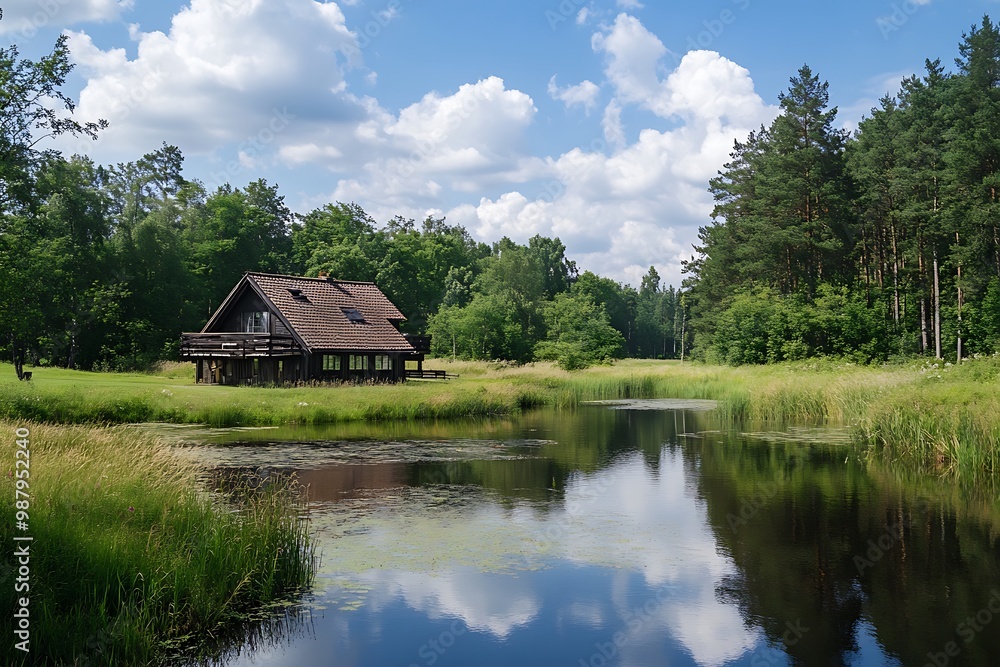 Secluded cabin by a tranquil lake in a lush green forest Secluded cabin by a tranquil lake in a lush green forest