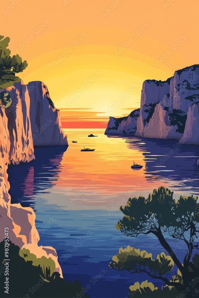 Colorful vector illustration of calanques of marseille dusk lighting cell shaded