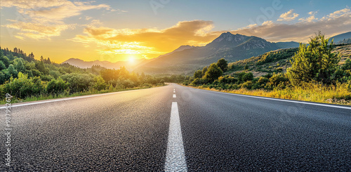 Panoramic Empty Asphalt Highway Road with Sky and Mountain Backgroundat at Sunrise , Asphalt Freeway, Road Perspective  photo