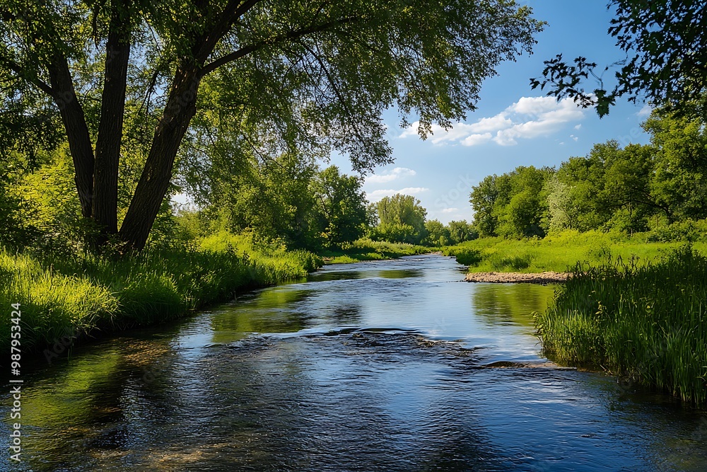 Tranquil river flowing through lush green trees under blue sky with white clouds, perfect for summer travel postcard Tranquil river flowing through lush green trees under blue sky with white clouds, perfect for summer travel postcard