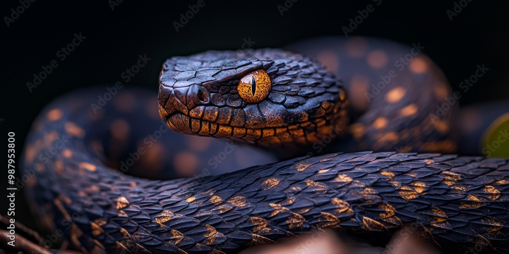 Obraz premium A striking close-up of a snake showcasing detailed scales and bright eyes. The image captures the beauty of nature. Ideal for wildlife enthusiasts and educational purposes. AI