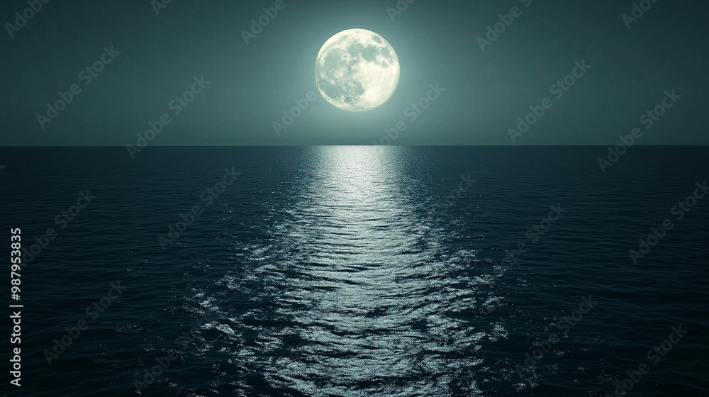 Fototapeta premium Magiczna scena z pełnym księżycem nad cichym oceanem, gdzie srebrny blask oświetla wodę, tworząc idylliczną atmosferę.