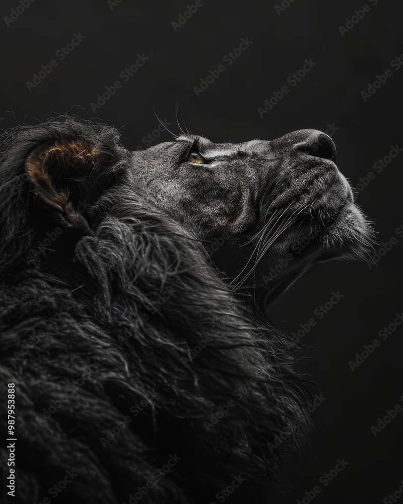 Naklejka premium golden metal lion in black and white minimalist style and the lion is looking at the sky with hope, professionnal photography
