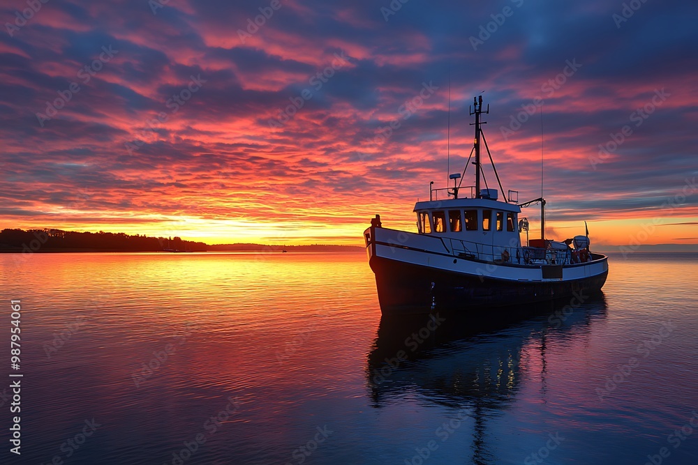 Fototapeta premium Silhouette of boat at sunset on calm water with colorful sky