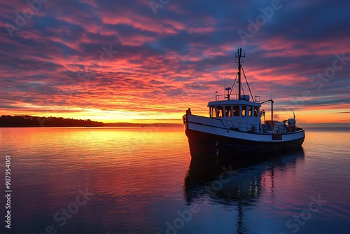 Silhouette of boat at sunset on calm water with colorful sky