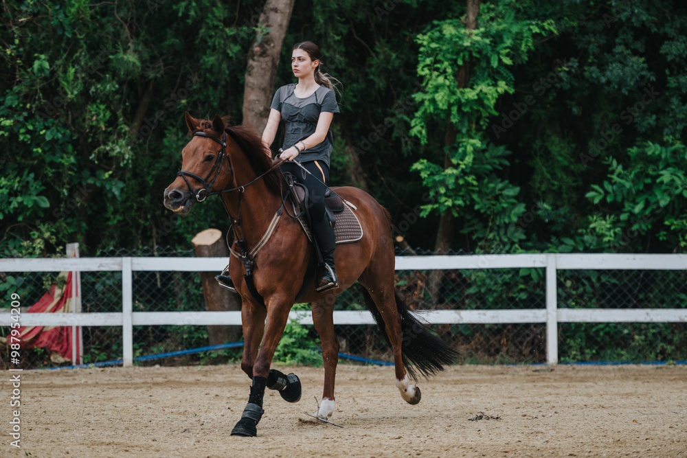 A girl rides a brown horse in an outdoor ranch setting, with lush green trees in the background. A girl rides a brown horse in an outdoor ranch setting, with lush green trees in the background.
