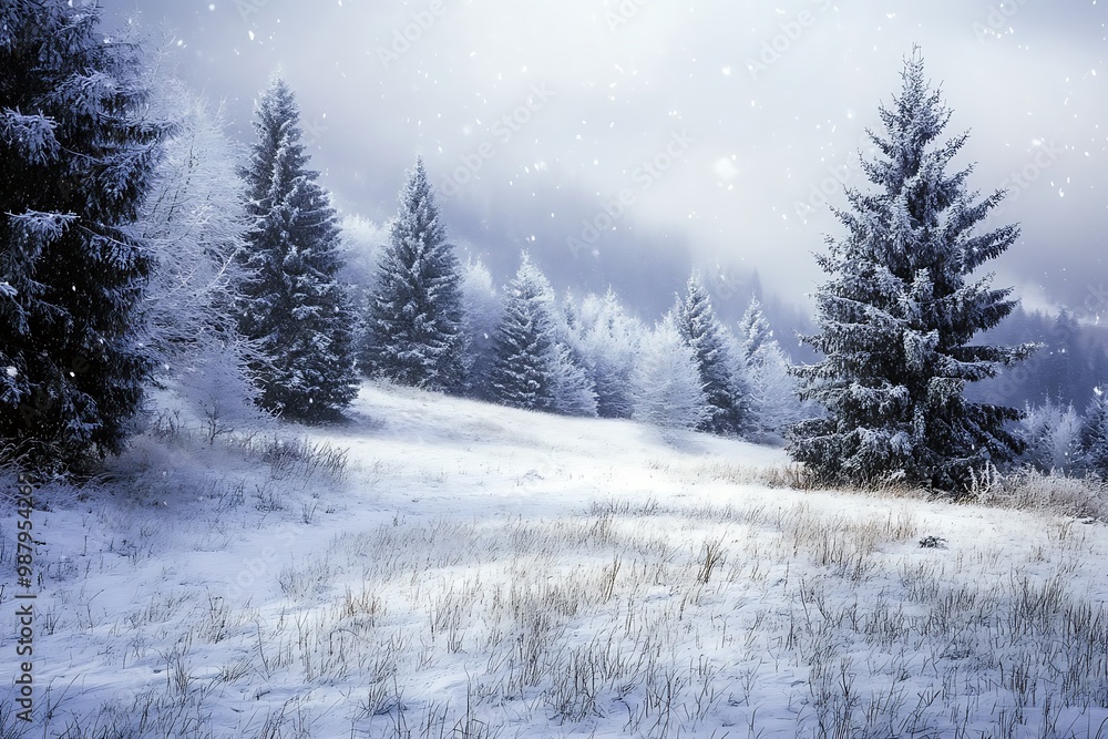 Fototapeta premium Snowy Winter Forest Landscape with Pine Trees and Falling Snow