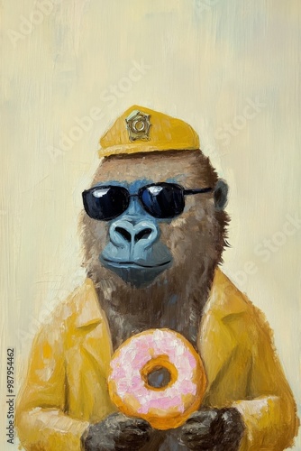 A simple painting of a gorilla with policeman suite, donut and sunglasses, in oil paint, minimalistic, cute and funny