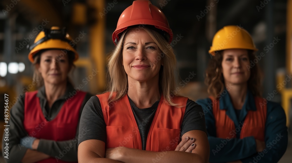 Confident women engineers in safety gear standing together in industrial setting, showcasing strength and teamwork in the workplace. Confident women engineers in safety gear standing together in industrial setting, showcasing strength and teamwork in the workplace.