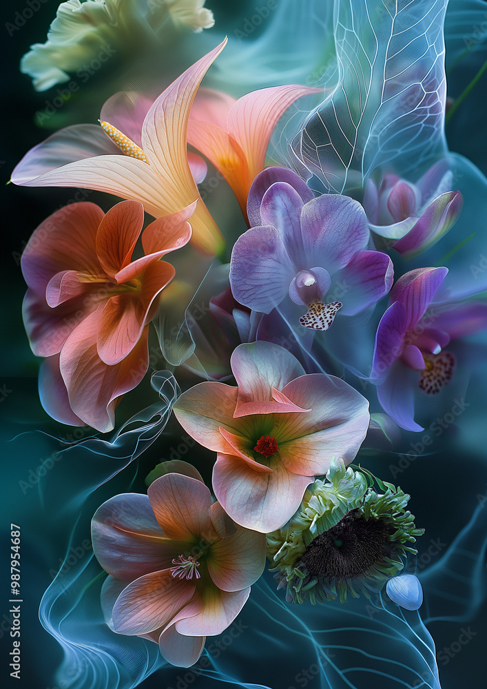 Fototapeta premium tropical vibrant wedding bouquet of flowers - bright colours, with silk veil fabrics, elegant and soft, tropical flowers and leaves, romantic 