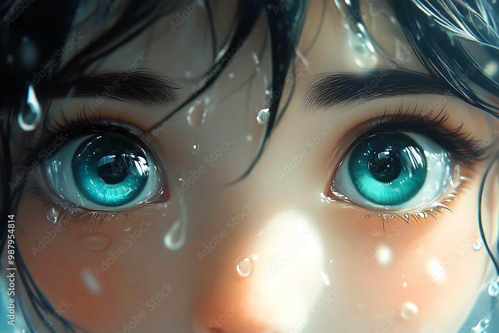 Close-Up Shot of a 3D Girl's Eyes Gazing Upward at the Camera. Close-Up Shot of a 3D Girl's Eyes Gazing Upward at the Camera.