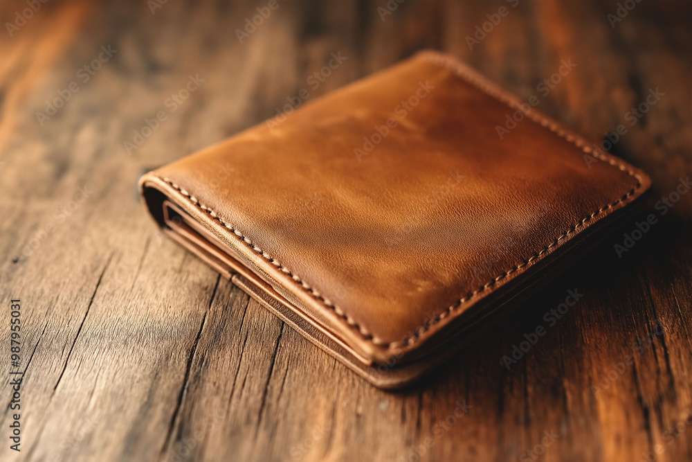 Elegant, handmade, brown leather wallet on wooden table showcasing craftsmanship, stylish, accessories concept