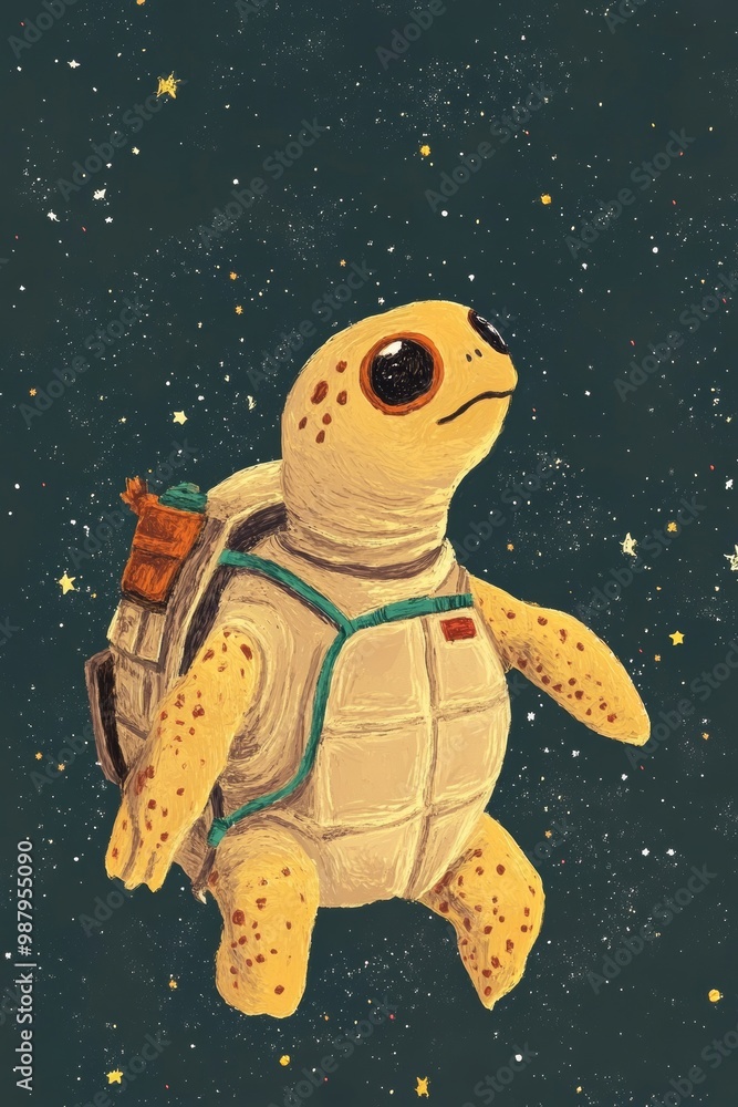 Fototapeta premium A simple painting of a turtle with astronaut tenue in space, in oil paint, minimalistic, cute and funny