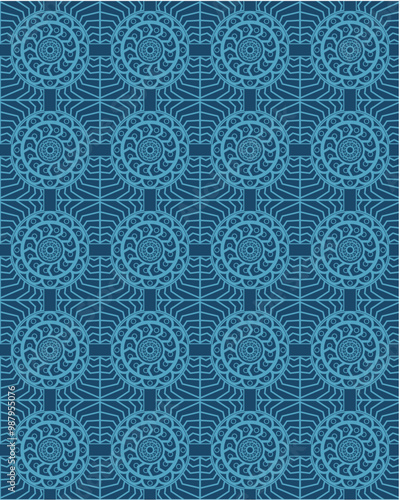 A decorative blue pattern featuring intricate circular designs and wavy lines, suitable for backgrounds or textile designs.