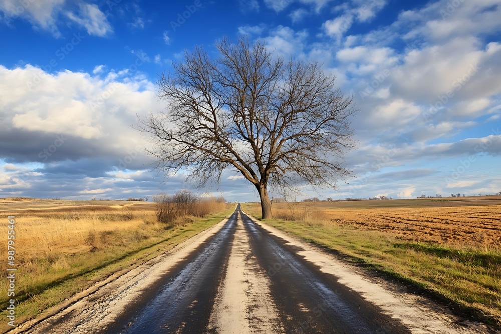 Fototapeta premium Lonely Tree on a Country Road with Dramatic Sky