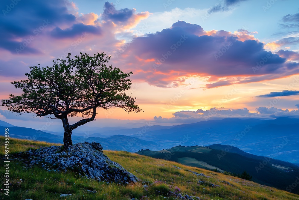 Scenic Sunset Over Mountain Landscape With Lone Tree Silhouetted Scenic Sunset Over Mountain Landscape With Lone Tree Silhouetted