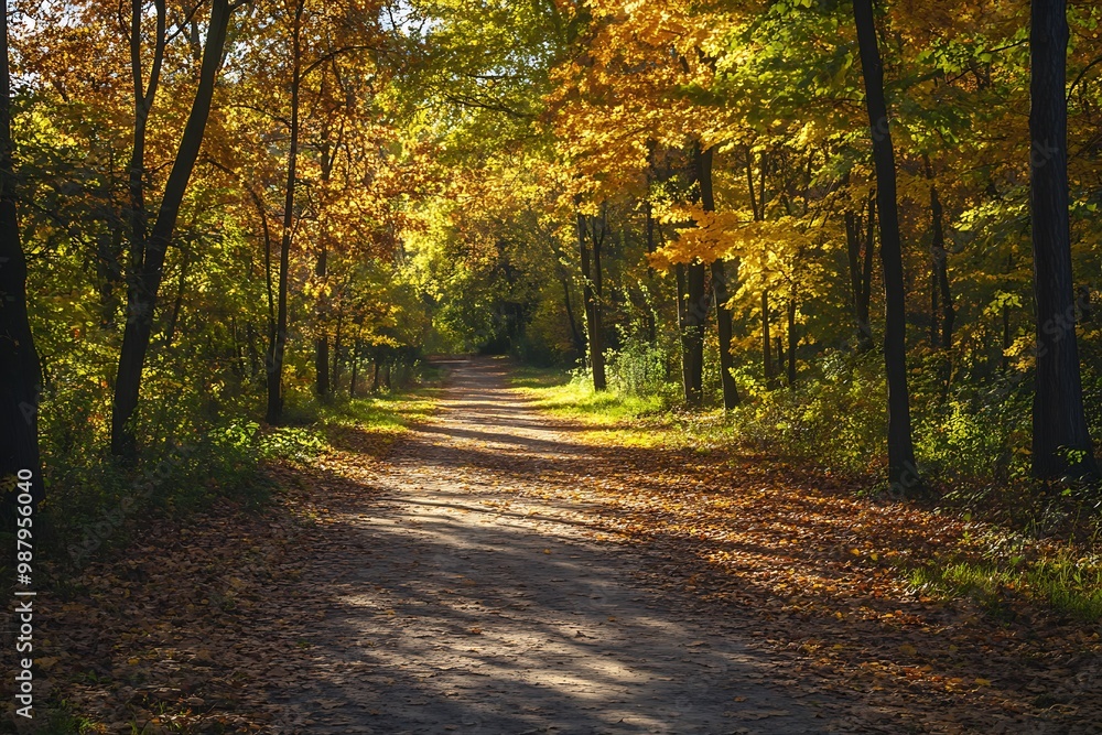 Naklejka premium Sunlight shining through trees in an autumn forest with a path leading through the woods