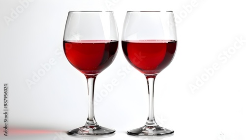 Elegant display of two filled red wine glasses on a pristine white background, showcasing the rich color and allure of the beverage