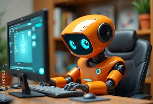 An orange robot with large expressive eyes and a friendly expression, sitting at a computer and working on a task