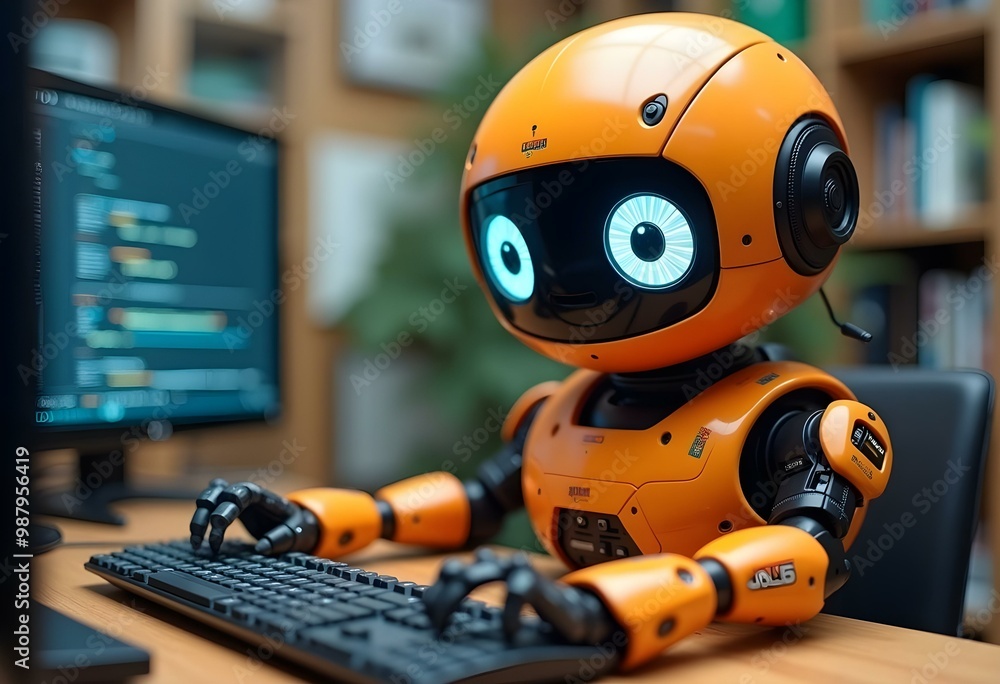 An orange robot with large expressive eyes and a friendly expression, sitting at a computer and working on a task An orange robot with large expressive eyes and a friendly expression, sitting at a computer and working on a task