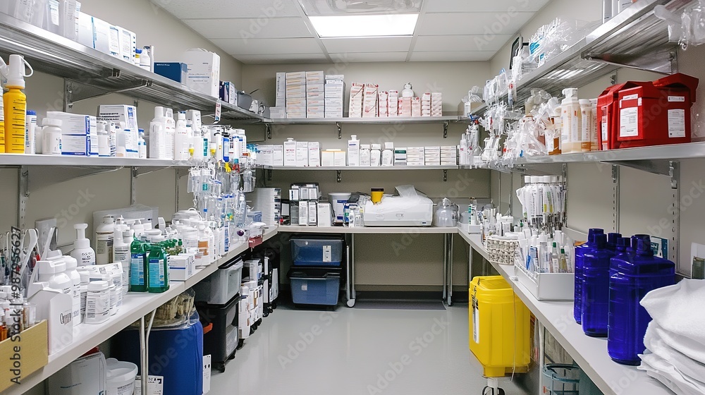 A high-resolution image of a well-organized hospital supply room, stocked with essential medical supplies such as syringes, bandages, and IV fluids. A high-resolution image of a well-organized hospital supply room, stocked with essential medical supplies such as syringes, bandages, and IV fluids.