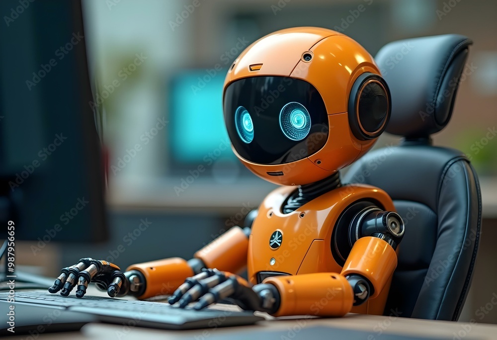 An orange robot with large expressive eyes and a friendly expression, sitting at a computer and working on a task An orange robot with large expressive eyes and a friendly expression, sitting at a computer and working on a task