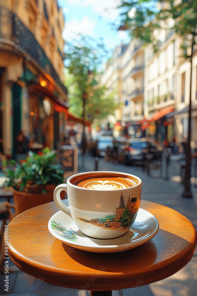 Poster illustration of a cup of coffee on a cafe table in paris a closeup of a cup of coffee with a saucer resting on a small