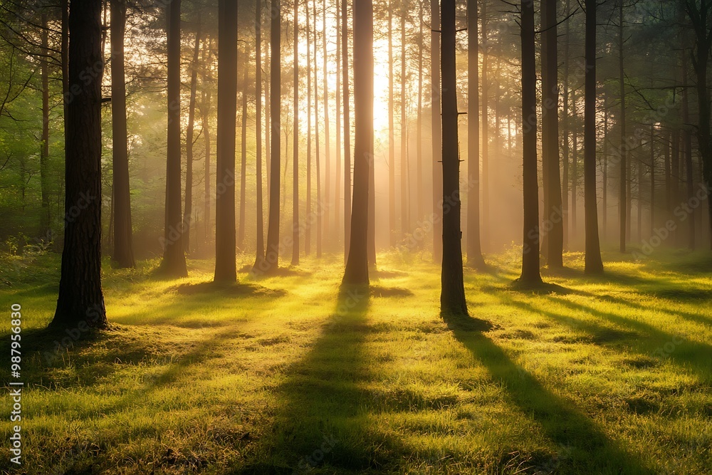 Obraz premium Sunlight shining through trees in a misty forest