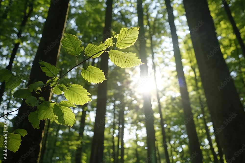 Fototapeta premium Sunlight through green leaves in a dense forest. Sunlight through green leaves in a dense forest.