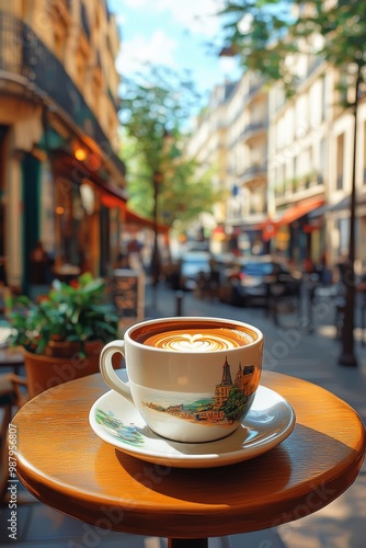 Obraz na płótnie Poster illustration of a cup of coffee on a cafe table in paris a closeup of a cup of coffee with a saucer resting on a small w salonie