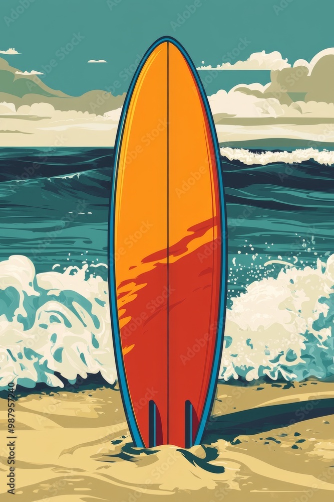 Simple shape poster illustration of a surfboard standing in the sand with the ocean behind a closeup of a brightly colored surfboard planted in the sand with waves crashing